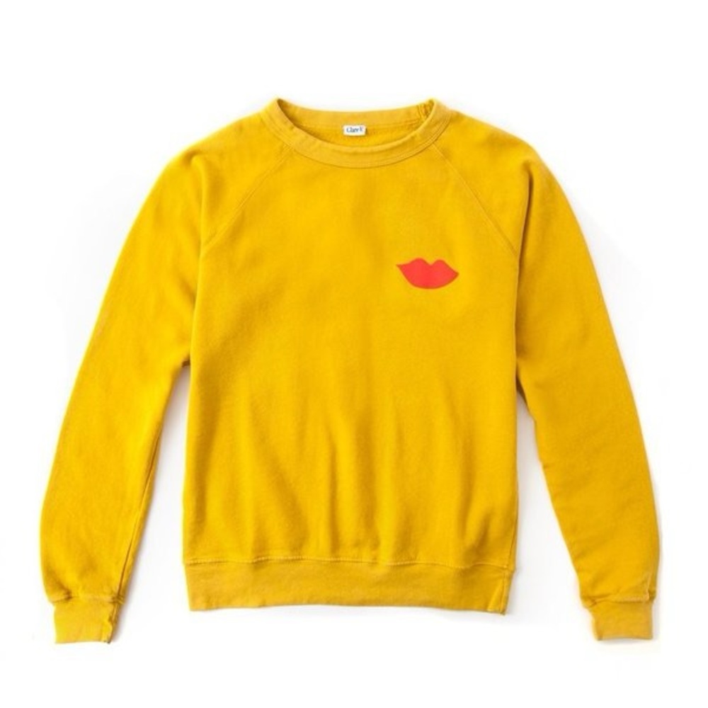 Clare V Mustard Marigold Yellow Sweatshirt with Red Lips